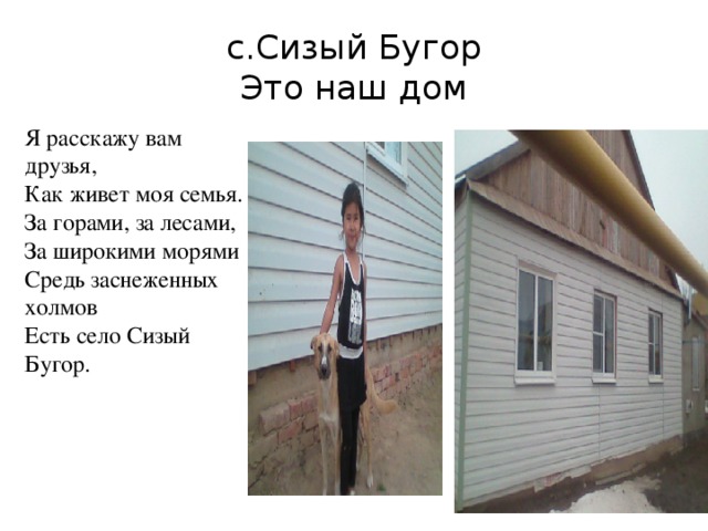 с.Сизый Бугор  Это наш дом Я расскажу вам друзья, Как живет моя семья. За горами, за лесами, За широкими морями Средь заснеженных холмов Есть село Сизый Бугор. 