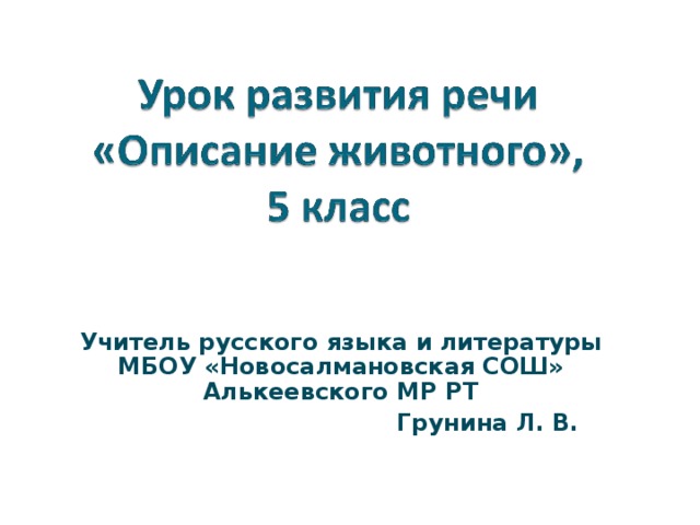Учитель русского языка и литературы МБОУ «Новосалмановская СОШ» Алькеевского МР РТ  Грунина Л. В. ОШ Алькеевского МР РТ» 
