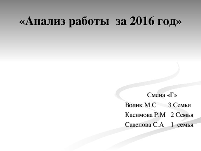 «Анализ работы за 2016 год»    Смена «Г»  Волик М.С 3 Семья  Касимова Р.М 2 Семья  Савелова С.А 1 семья 
