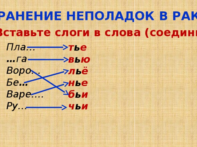 УСТРАНЕНИЕ НЕПОЛАДОК В РАКЕТЕ Вставьте слоги в слова (соедини). Пла… … га Воро… Бе … Варе.… Ру… т ь е в ь ю л ь ё н ь е б ь и ч ь и  