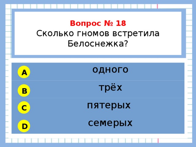          Вопрос № 18 Сколько гномов встретила Белоснежка?        одного трёх пятерых семерых A B C D 