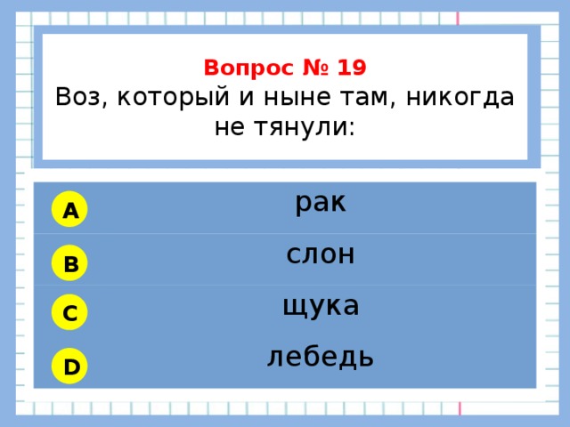           Вопрос № 19 Воз, который и ныне там, никогда не тянули:        рак слон щука лебедь A B C D 