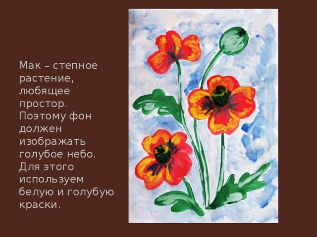 Мак – степное растение, любящее простор. Поэтому фон должен изображать голубое небо. Для этого используем белую и голубую краски. 