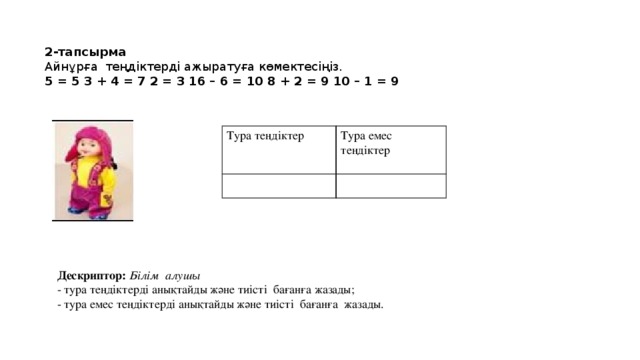 2-тапсырма Айнұрға теңдіктерді ажыратуға көмектесіңіз. 5 = 5 3 + 4 = 7 2 = 3 16 – 6 = 10 8 + 2 = 9 10 – 1 = 9 Дескриптор: Білім алушы - тура теңдіктерді анықтайды және тиісті бағанға жазады; - тура емес теңдіктерді анықтайды және тиісті бағанға жазады. Тура теңдіктер Тура емес теңдіктер 