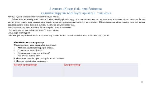 2-сынып «Қазақ тілі» пәні бойынша  қалыптастырушы бағалауға арналған тапсырма Мәтінді түсініп оқыңыз және сұрақтарға жауап беріңіз.  Екі дос келе жатып бір аюға кездесіпті. Олардың біреуі әлсіз, ауру екен. Аюды көрген кезде сау адам ауру жолдасын тастап, ағаштың басына шығып кетіпті. Ауру адам ағашқа шыға алмай, өлген кісідей дем алмастан жерге жата кетіпті. Өйткені аю өлген кісіге тимейді екен. Аю жатқан адамның қасына келіп, иіскелеп, дыбысы білінбеген соң, жөніне кетеді. Аю кеткен соң сау адам ағаштың басынан түсіп, ауру жолдасынан: - Аю құлағыңа не деп сыбырлап кетті? – деп сұрапты. Сонда ауру адам тұрып: - «Екінші рет қауіп төнген кезде жолдасын жау қолына тастап кететін адаммен жолдас болма» деді, - депті. . Мәтін бойынша тапсырмалар   Мәтінді оқыңыз және тақырыбын анықтаңыз. Мәтіннің басты кейіпкерлерін атаңыз. Сұрақтарға жауап беріңіз: Аюды көргенде достар не істеді? Аю неге өз жөніне кетті? 4. Мәтінде кездесетін тірек сөздердің астын сызыңыз. 5. Мәтіннің негізгі ойын анықтаңыз. Бағалау критерийлері Дескрипторлар  