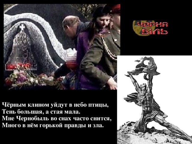 Чёрным клином уйдут в небо птицы,  Тень большая, а стая мала.  Мне Чернобыль во снах часто снится,  Много в нём горькой правды и зла. 