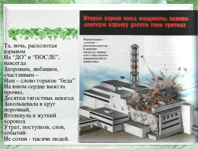 Та, ночь, расколотая взрывом  На “ДО” и “ПОСЛЕ”, навсегда  Здоровым, любящим, счастливым –  Нам – слово горькое “беда”  На юном сердце выжгла прочно,  Десятки тягостных невзгод  Закольцевала в круг порочный,  Втолкнула в жуткий хоровод  Утрат, поступков, слов, событий-  Не сотни - тысячи людей. 