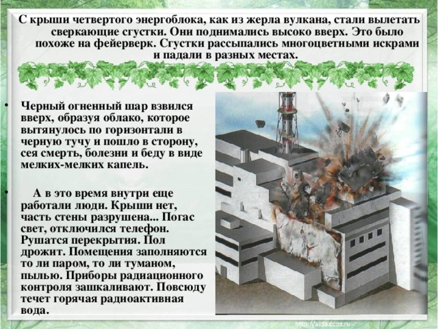 С крыши четвертого энергоблока, как из жерла вулкана, стали вылетать сверкающие сгустки. Они поднимались высоко вверх. Это было похоже на фейерверк. Сгустки рассыпались многоцветными искрами и падали в разных местах. Черный огненный шар взвился вверх, образуя облако, которое вытянулось по горизонтали в черную тучу и пошло в сторону, сея смерть, болезни и беду в виде мелких-мелких капель.        А в это время внутри еще работали люди. Крыши нет, часть стены разрушена... Погас свет, отключился телефон. Рушатся перекрытия. Пол дрожит. Помещения заполняются то ли паром, то ли туманом, пылью. Приборы радиационного контроля зашкаливают. Повсюду течет горячая радиоактивная вода.  