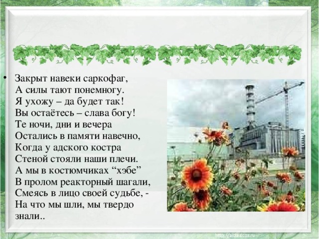 Закрыт навеки саркофаг,  А силы тают понемногу.  Я ухожу – да будет так!  Вы остаётесь – слава богу!  Те ночи, дни и вечера  Остались в памяти навечно,  Когда у адского костра  Стеной стояли наши плечи.  А мы в костюмчиках “хэбе”  В пролом реакторный шагали,  Смеясь в лицо своей судьбе, -  На что мы шли, мы твердо знали.. 