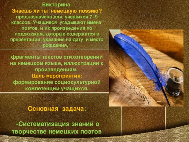Викторина Знаешь ли ты  немецкую поэзию ? предназначена для учащихся 7 -9 классов. Учащиеся угадывают имена поэтов и их произведения по подсказкам,  которые содержатся в презентации: указание на дату и место рождения,  фрагменты текстов стихотворений на немецком языке, иллюстрации к произведениям. Цель мероприятия: формирование социокультурной компетенции учащихся.   Основная задача :   -Систематизация знаний о творчестве немецких поэтов 