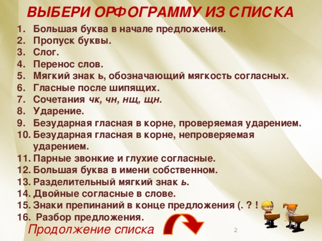 ВЫБЕРИ ОРФОГРАММУ ИЗ СПИСКА Большая буква в начале предложения. Пропуск буквы. Слог. Перенос слов. Мягкий знак ь, обозначающий мягкость согласных. Гласные после шипящих. Сочетания чк, чн, нщ, щн . Ударение. Безударная гласная в корне, проверяемая ударением. Безударная гласная в корне, непроверяемая ударением. Парные звонкие и глухие согласные. Большая буква в имени собственном. Разделительный мягкий знак ь . Двойные согласные в слове. Знаки препинаний в конце предложения (. ? ! …)  Разбор предложения. Продолжение списка  