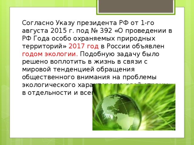 Согласно Указу президента РФ от 1-го августа 2015 г. под № 392 «О проведении в РФ Года особо охраняемых природных территорий» 2017 год в России объявлен годом экологии. Подобную задачу было решено воплотить в жизнь в связи с мировой тенденцией обращения общественного внимания на проблемы экологического характера каждой страны в отдельности и всего мира в целом.  
