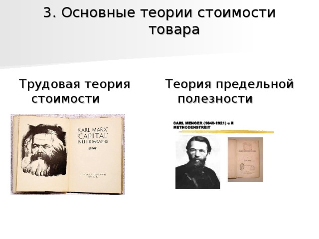 3. Основные теории стоимости товара   Трудовая теория стоимости Теория предельной полезности 