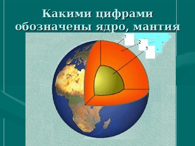 Какими цифрами обозначены ядро, мантия и земная кора 