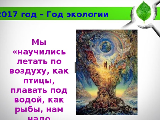 2017 год – Год экологии Мы «научились летать по воздуху, как птицы, плавать под водой, как рыбы, нам надо научиться жить на земле, как люди». 