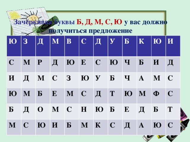 Зачёркивая буквы Б, Д, М, С, Ю у вас должно получиться предложение Ю С З М Д И М Д Р Ю М Д В Б М Ю Б С М Д С Е С Е Д О З М М Ю У Ю С И Ю С С У Б Н Б Д Ч К Б Т М Б Ю Ч Ю Ю К И И Б А Д М С Е М Д С Д Ф А С Б Т Ю С 