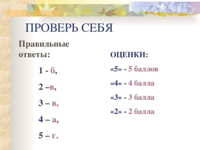ПРОВЕРЬ СЕБЯ Правильные ответы:  1 - б ,  2 – в ,  3 – в,   4 – а ,  5 – г.   ОЦЕНКИ: «5» - 5 баллов «4» - 4 балла «3» - 3 балла «2» - 2 балла 