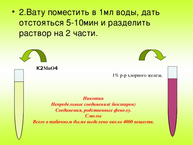 K 2 MnO 4 1% р-р хлорного железа. Никотин Непредельные соединения( бензпирен) Соединения, родственные фенолу. Смолы Всего в табачном дыме выделено около 4000 веществ.  
