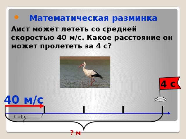 4 с  Математическая разминка Аист может лететь со средней скоростью 40 м/с. Какое расстояние он может пролететь за 4 с? 40 м/с t =1 с ? м 