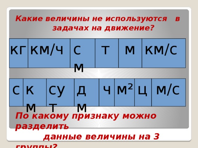 Какие величины не используются в задачах на движение? кг км / ч см т м км / с м² м / с ц с ч дм сут км По какому признаку можно разделить  данные величины на 3 группы? 