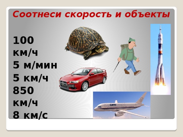 Соотнеси скорость и объекты 100 км/ч 5 м/мин 5 км/ч 850 км/ч 8 км/с 