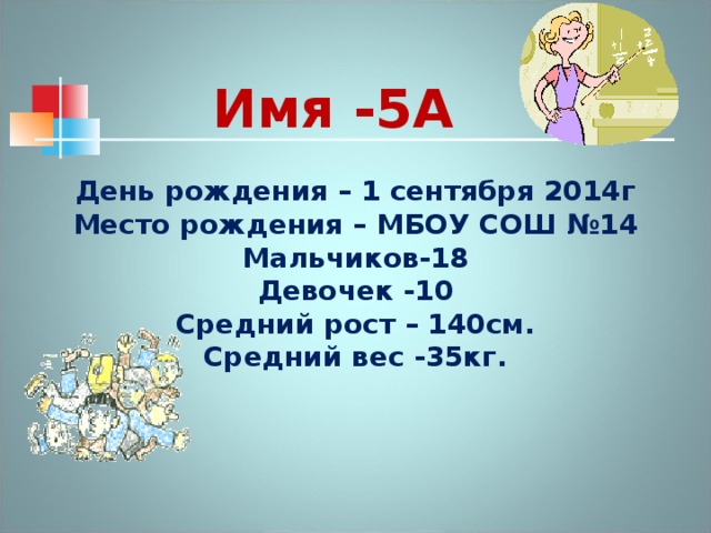 День рождения – 1 сентября 2014г Место рождения – МБОУ СОШ №14 Мальчиков-18 Девочек -10 Средний рост – 140см. Средний вес -35кг.    Имя -5А      