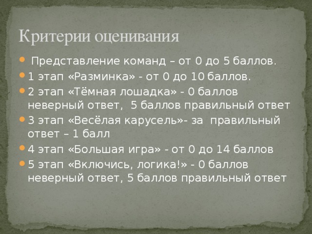 Критерии оценивания  Представление команд – от 0 до 5 баллов. 1 этап «Разминка» - от 0 до 10 баллов. 2 этап «Тёмная лошадка» - 0 баллов неверный ответ, 5 баллов правильный ответ 3 этап «Весёлая карусель»- за правильный ответ – 1 балл 4 этап «Большая игра» - от 0 до 14 баллов 5 этап «Включись, логика!» - 0 баллов неверный ответ, 5 баллов правильный ответ 