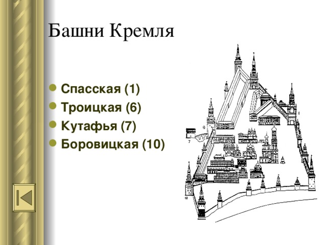 Башни Кремля Спасская (1) Троицкая (6) Кутафья (7) Боровицкая (10) 