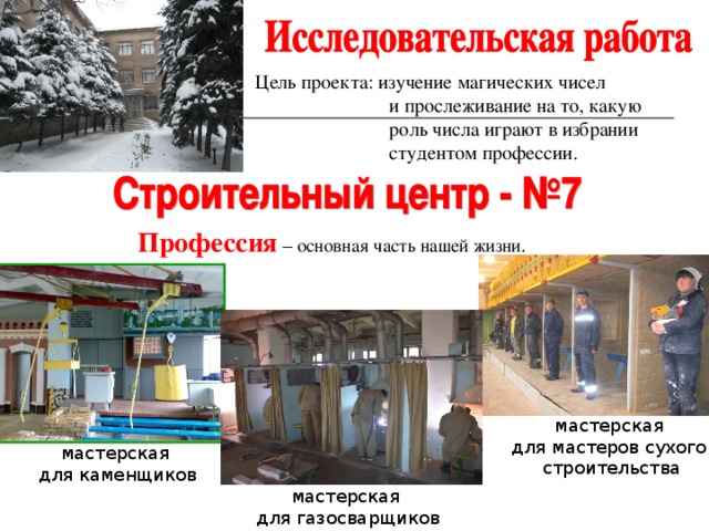 Цель  проекта: изучение магических чисел  и прослеживание на то, какую  роль числа играют в избрании  студентом профессии. Профессия  – основная часть нашей жизни . мастерская для мастеров сухого строительства мастерская для каменщиков мастерская для газосварщиков 