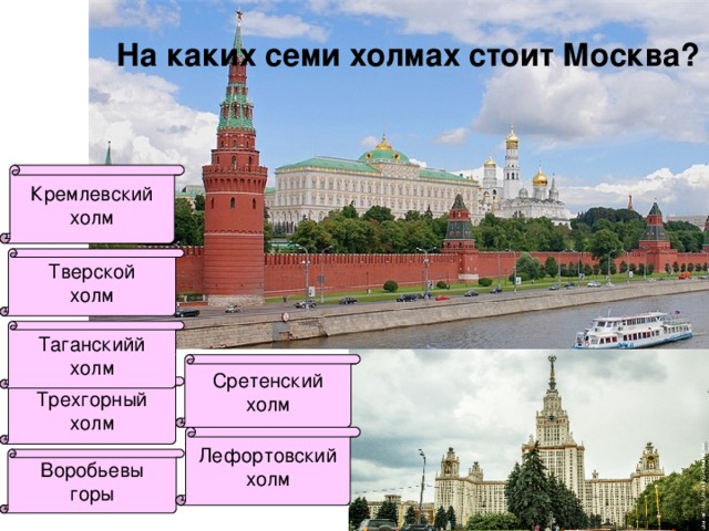 На каких семи холмах стоит Москва? Кремлевский холм Тверской холм Таганскийй холм Сретенский холм Трехгорный холм Лефортовский холм Воробьевы горы 