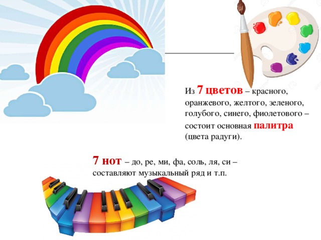 Из 7  цветов – красного, оранжевого, желтого, зеленого, голубого, синего, фиолетового – состоит основная палитра (цвета радуги). 7 нот  – до, ре, ми, фа, соль, ля, си – составляют музыкальный ряд и т.п. 