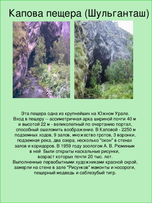 Капова пещера (Шульганташ) Эта пещера одна из крупнейших на Южном Урале. Вход в пещеру -- ассиметричная арка шириной почти 40 м и высотой 22 м - великолепный по очертанию портал,  способный ошеломить воображение. В Каповой - 2250 м  подземных ходов, 9 залов, множество гротов, 3 воронки, подземная река, два озера, несколько 