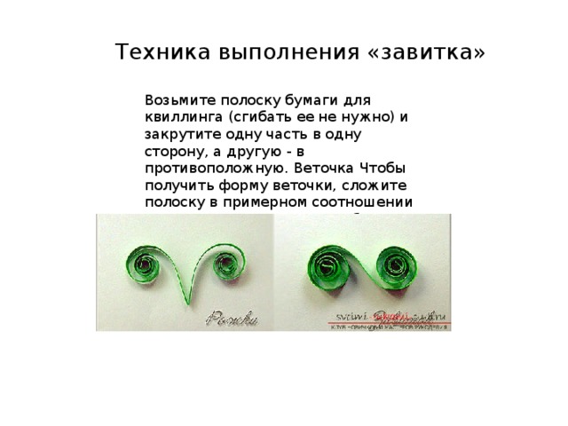  Техника выполнения «завитка» Возьмите полоску бумаги для квиллинга (сгибать ее не нужно) и закрутите одну часть в одну сторону, а другую - в противоположную. Веточка Чтобы получить форму веточки, сложите полоску в примерном соотношении 1:2, после этого скрутите обе части в одном направлении. | 