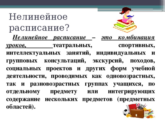 Нелинейное расписание? Нелинейное расписание – это комбинация уроков,  театральных, спортивных, интеллектуальных занятий, индивидуальных и групповых консультаций, экскурсий, походов, социальных проектов и других форм учебной деятельности, проводимых как одновозрастных, так и разновозрастных группах учащихся, по отдельному предмету или интегрирующих содержание нескольких предметов (предметных областей). 