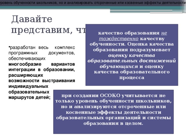 при создании ОСОКО нужно учитывать не только уровень обученности школьников, но и анализировать отсроченные или косвенные эффекты деятельности образовательных организаций и системы образования в целом. Давайте представим, что …  качество образования не тождественно качеству обученности. Оценка качества образования подразумевает оценку качества образовательных достижений обучающихся и оценку качества образовательного процесса разработан весь комплекс программных документов, обеспечивающих многообразие вариантов интеграции в образовании, расширяющих возможности выстраивания индивидуальных образовательных маршрутов детей; при создании ОСОКО учитывается не только уровень обученности школьников, но и анализируются отсроченные или косвенные эффекты деятельности образовательных организаций и системы образования в целом. 