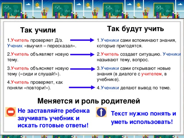 Так будут учить Так учили 1. Учитель проверяет Д/з. Ученик «выучил – пересказал». 2. Учитель объявляет новую тему. 3. Учитель объясняет новую тему («сиди и слушай!»). 4. Учитель проверяет, как поняли «повтори!»). 1 .Ученики сами вспоминают знания, которые пригодятся. 2. Учитель создает ситуацию. Ученики называют тему, вопрос. 3. Ученики сами открывают новые знания (в диалоге с учителем , в учебнике). 4. Ученики делают вывод по теме. Меняется и роль родителей Не заставляйте ребенка заучивать учебник и искать готовые ответы! Текст нужно понять и уметь использовать!  