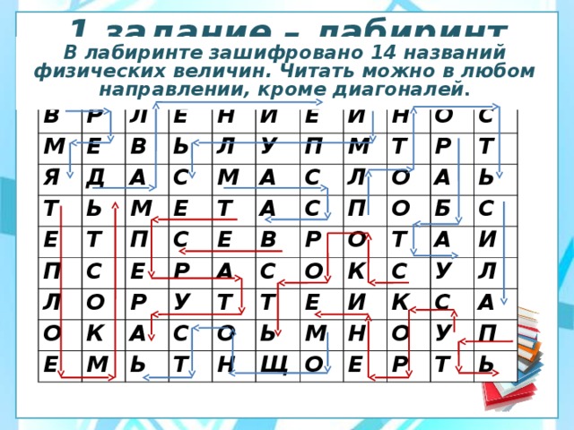1 задание – лабиринт В лабиринте зашифровано 14 названий физических величин. Читать можно в любом направлении, кроме диагоналей .   В Р М Е Л Я Д Е В Т Н Е Ь Ь А С Т И Л П М П Л С Е У М Е О И А С П Т Е О Е Р Р Е К А С М Н Л У О М В С А А Т П С С Ь С Р О Р Т А Т Т О Т О О О Е Ь Б Т Ь Н К И Щ А С С М Н И О К У Е С О Л Р У А Т П Ь 