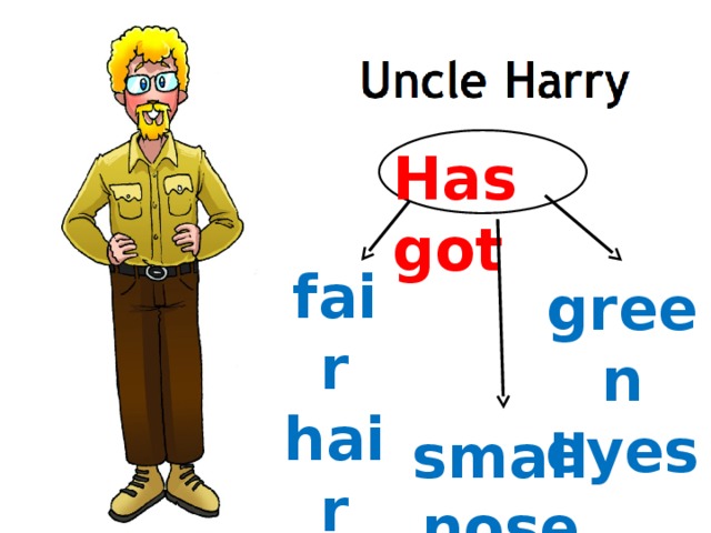 fair hair green eyes small nose Has got 