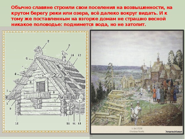 Обычно славяне строили свои поселения на возвышенности, на крутом берегу реки или озера, всё далеко вокруг видать. И к тому же поставленным на взгорке домам не страшно весной никакое половодье: поднимется вода, но не затопит. 