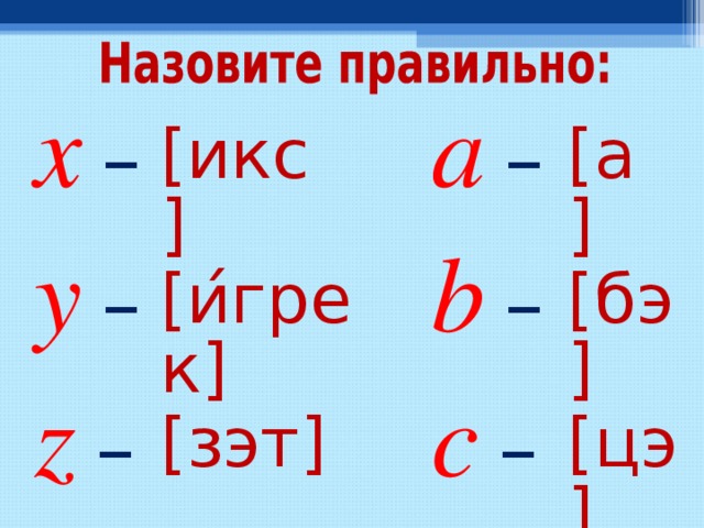 x  – a  – [ икс ] [ а ] y  – b  – [ и ́ грек ] [ бэ ] z  – c  – [ зэт ] [ цэ ] 
