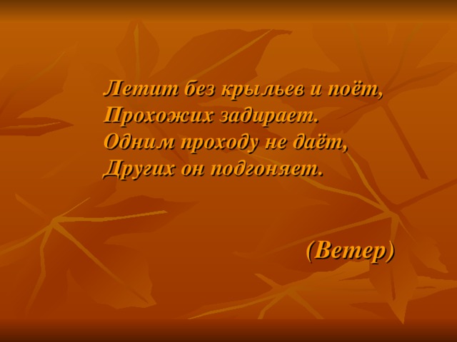 Летит без крыльев и поёт, Прохожих задирает. Одним проходу не даёт, Других он подгоняет.   (Ветер)   