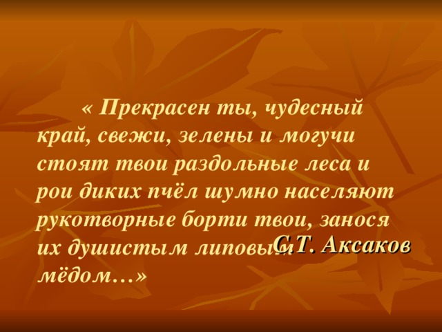  « Прекрасен ты, чудесный край, свежи, зелены и могучи стоят твои раздольные леса и рои диких пчёл шумно населяют рукотворные борти твои, занося их душистым липовым мёдом…» С.Т. Аксаков 