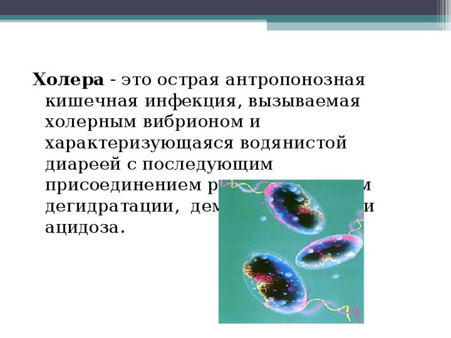 Холера - это острая антропонозная кишечная инфекция, вызываемая холерным вибрионом и характеризующаяся водянистой диареей с последующим присоединением рвоты, развитием дегидратации, деминерализации и ацидоза. 