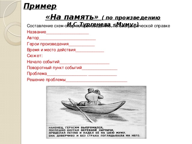 Пример «На память» ( по произведению И.С.Тургенева «Муму») Составление схем-опор по произведению, по биографической справке Название__________________ Автор________________________ Герои произведения___________ Время и место действия____________ Сюжет: Начало событий_____________________ Поворотный пункт событий_______________ Проблема_________________ ____________ Решение проблемы__________________________ 