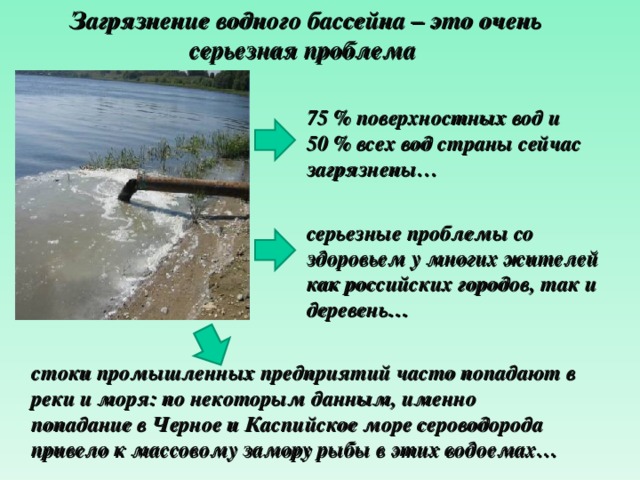 Загрязнение водного бассейна – это очень серьезная проблема 75 % поверхностных вод и 50 % всех вод страны сейчас загрязнены…  серьезные проблемы со здоровьем у многих жителей как российских городов, так и деревень… стоки промышленных предприятий часто попадают в реки и моря: по некоторым данным, именно попадание в Черное и Каспийское море сероводорода привело к массовому замору рыбы в этих водоемах… 