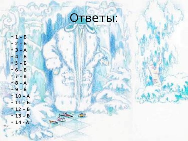 Ответы: 1 – Б 2 – Б 3 – А 4 – Б 5 – Б 6 – Б 7 – В 8 – А 9 – Б 10 – А 11 – Б 12 – Б 13 – Б 14 - А 