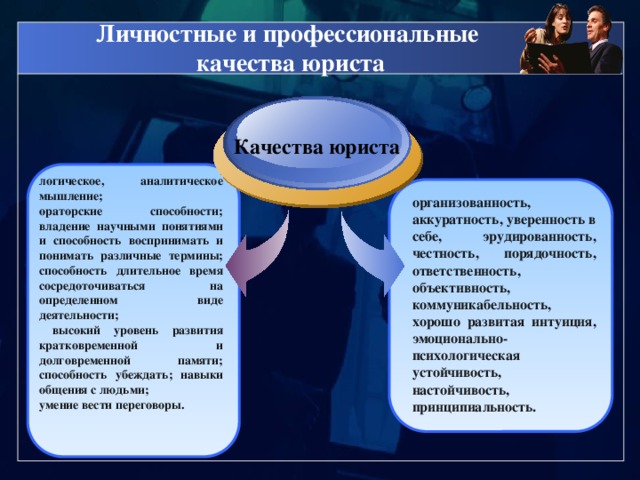 Личностные и профессиональные  качества юриста Качества юриста логическое, аналитическое мышление; ораторские способности; владение научными понятиями и способность воспринимать и понимать различные термины; способность длительное время сосредоточиваться на определенном виде деятельности;  высокий уровень развития кратковременной и долговременной памяти; способность убеждать; навыки общения с людьми; умение вести переговоры. организованность, аккуратность, уверенность в себе, эрудированность, честность, порядочность, ответственность, объективность, коммуникабельность, хорошо развитая интуиция, эмоционально-психологическая устойчивость, настойчивость, принципиальность. 