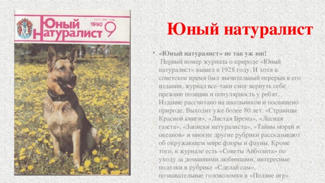  Юный натуралист «Юный натуралист» не так уж юн!  Первый номер журнала о природе «Юный натуралист» вышел в 1928 году. И хотя в советское время был значительный перерыв в его издании, журнал все-таки смог вернуть себе прежние позиции и популярность у ребят.  Издание рассчитано на школьников и посвящено природе. Выходит уже более 80 лет. «Страницы Красной книги», «Листая Брема», «Лесная газета», «Записки натуралиста», «Тайны морей и океанов» и многие другие рубрики рассказывают об окружающем мире флоры и фауны. Кроме того, в журнале есть «Советы Айболита» по уходу за домашними любимцами, интересные поделки в рубрике «Сделай сам», познавательные головоломки в «Поляне игр».  