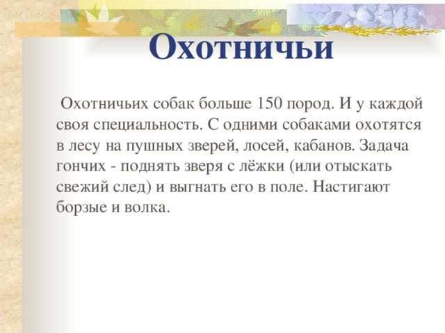 Охотничьи  Охотничьих собак больше 150 пород. И у каждой своя специальность. С одними собаками охотятся в лесу на пушных зверей, лосей, кабанов. Задача гончих - поднять зверя с лёжки (или отыскать свежий след) и выгнать его в поле. Настигают борзые и волка. 