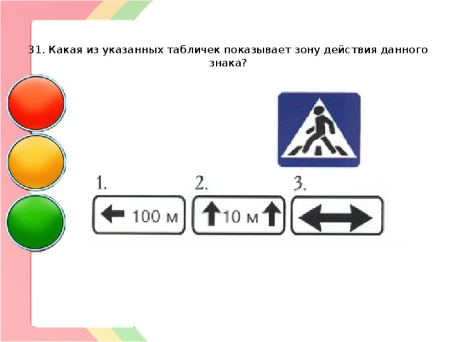   31. Какая из указанных табличек показывает зону действия данного знака? 
